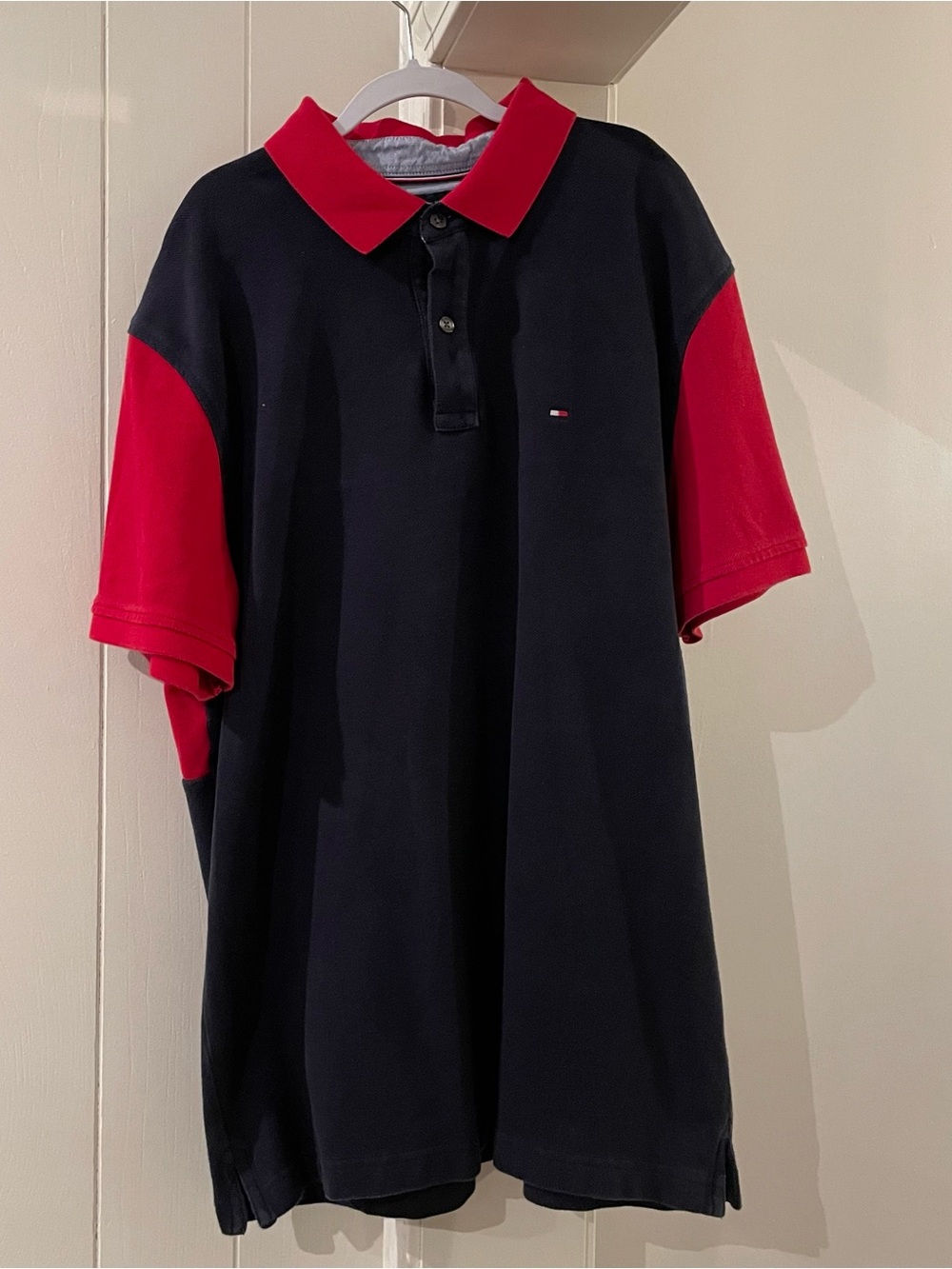 Tommy Hilfiger Navy Polo with Red Collar & Red Sleeves, Stars & Logo Back